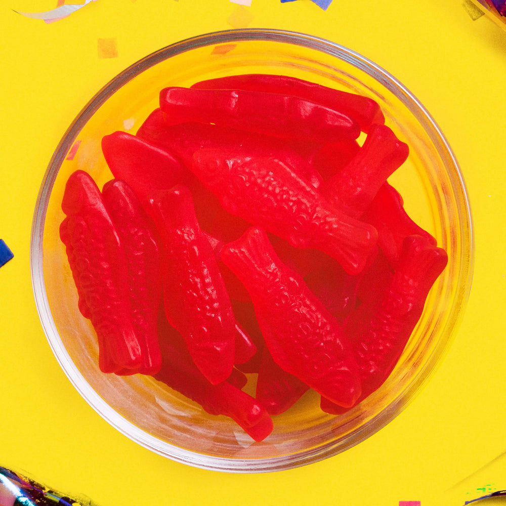 Movie night snack featuring Swedish Fish in a bowl.