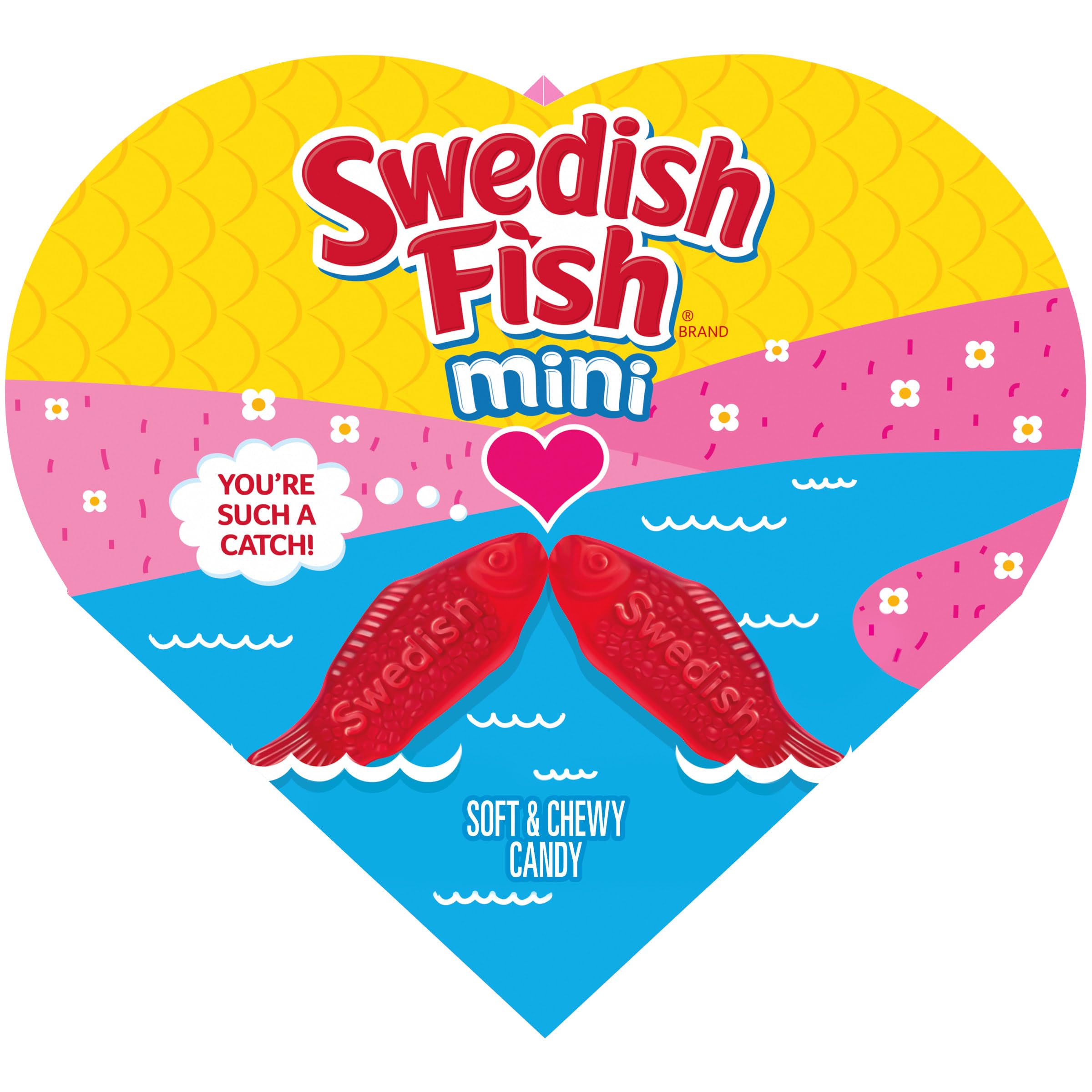 SWEDISH FISH heart-box candy offers soft, chewy treats for Valentine gifting.