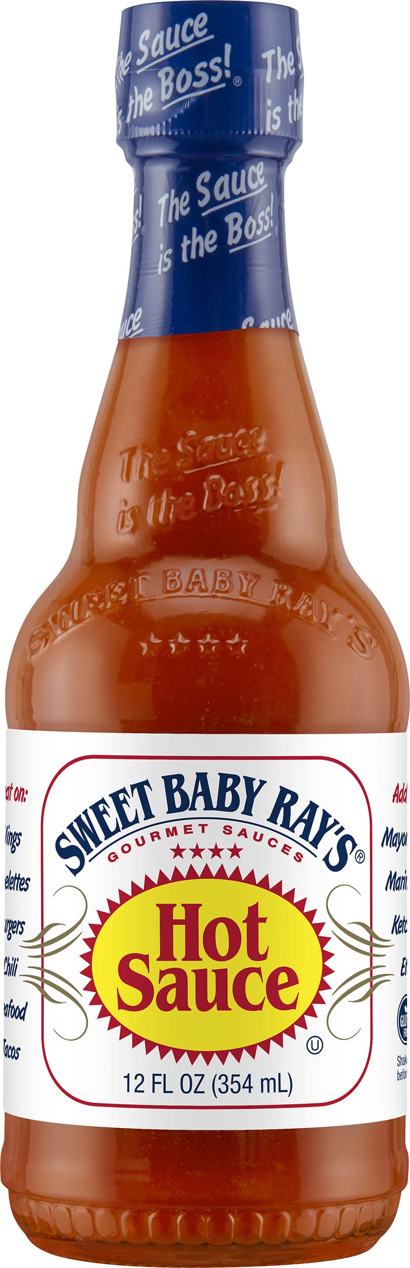 Sweet Baby Ray's Gourmet Hot Sauce bottle pour, adding bold, smoky heat to grilled favorites.
