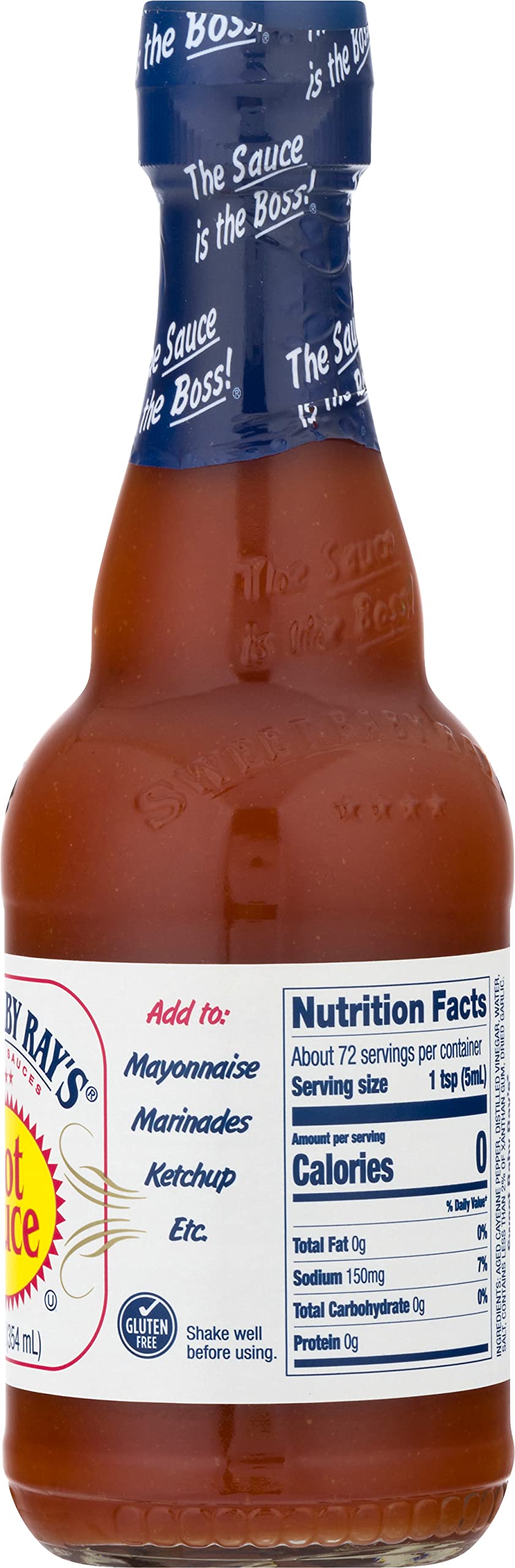 Sweet Baby Ray's Gourmet Hot Sauce label close-up highlighting premium bottle design.