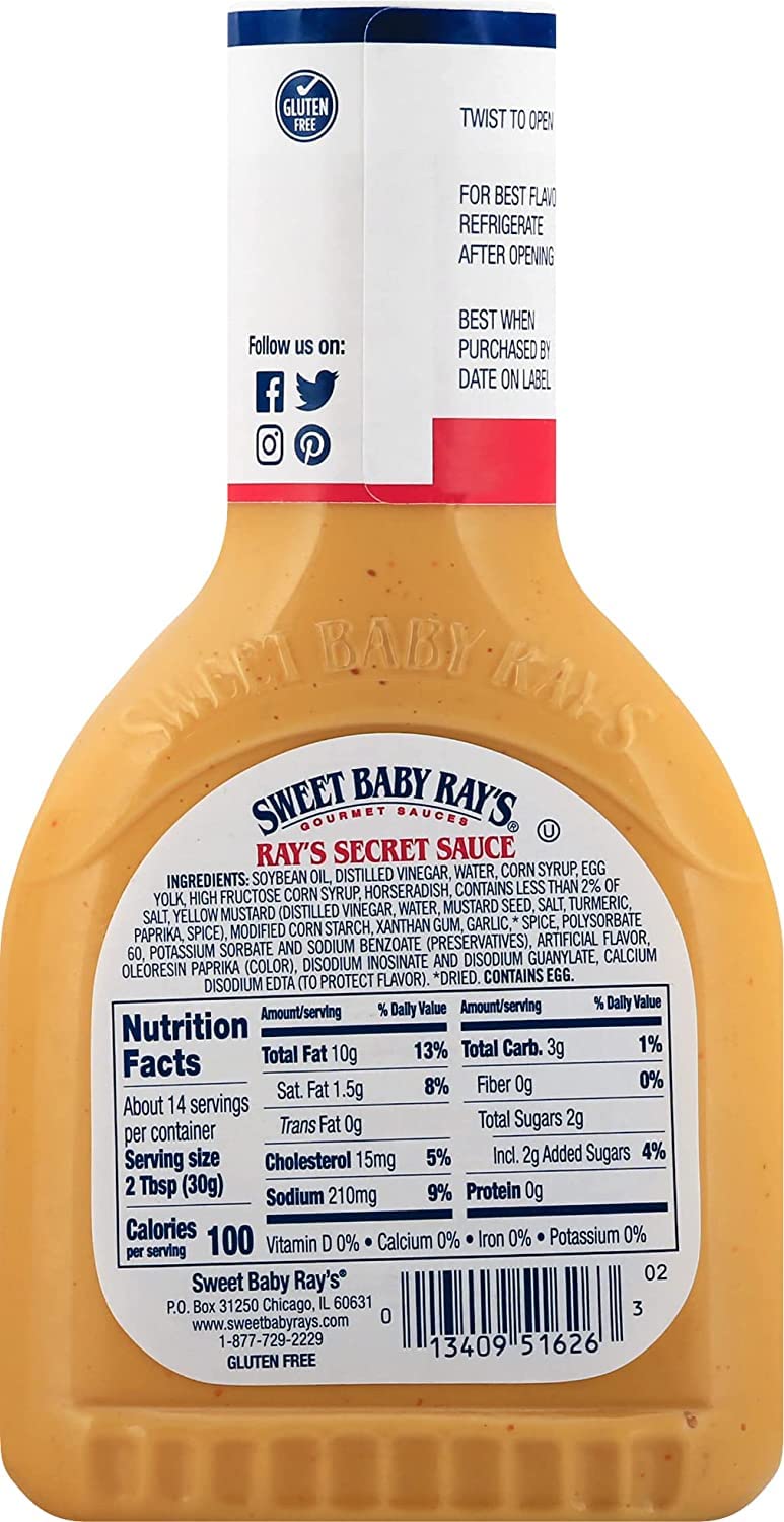 Label close-up highlighting gluten-free and kosher quality for Sweet Baby Ray's Secret Sauce
