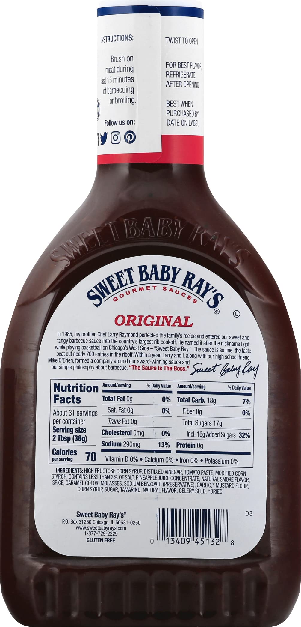 Sweet Baby Ray's 40oz bottle label closeup, rich color for sauces and dipping