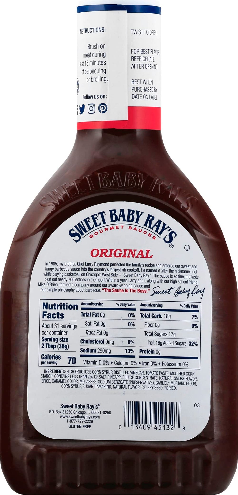 Sweet Baby Ray's 40oz bottle label closeup, rich color for sauces and dipping