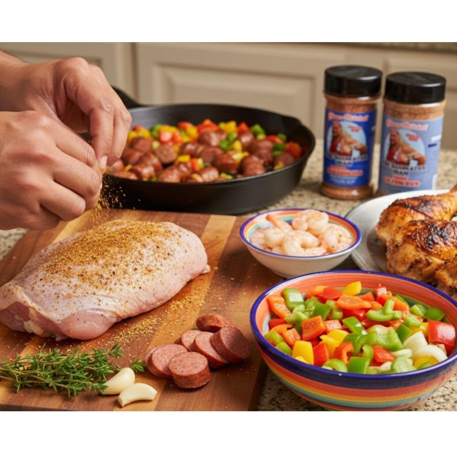Sweet Cajun Rub dusting chicken with vibrant paprika and garlic notes.