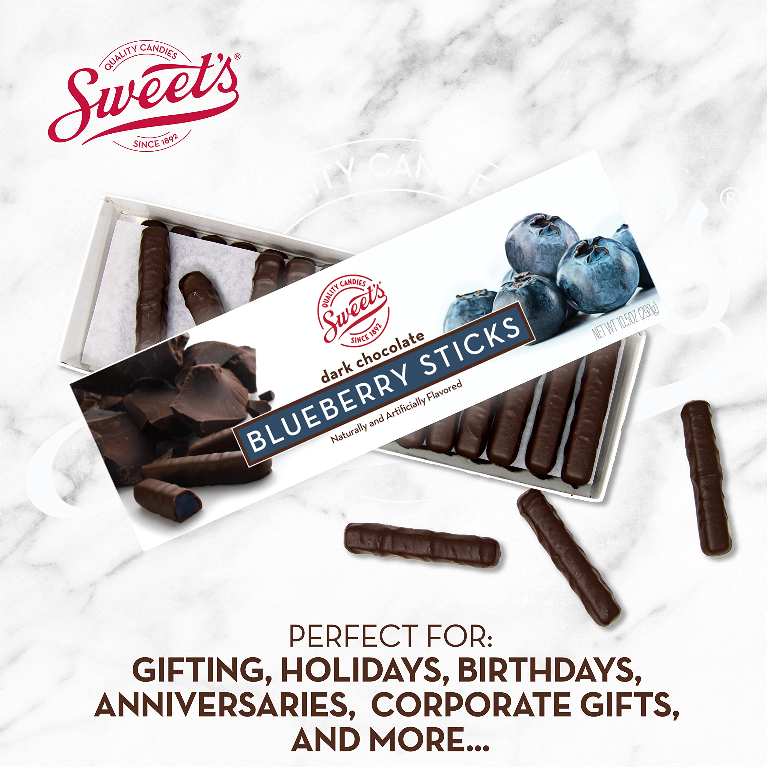 Sweet Candy Company 10.5 oz box of chocolate blueberry sticks.