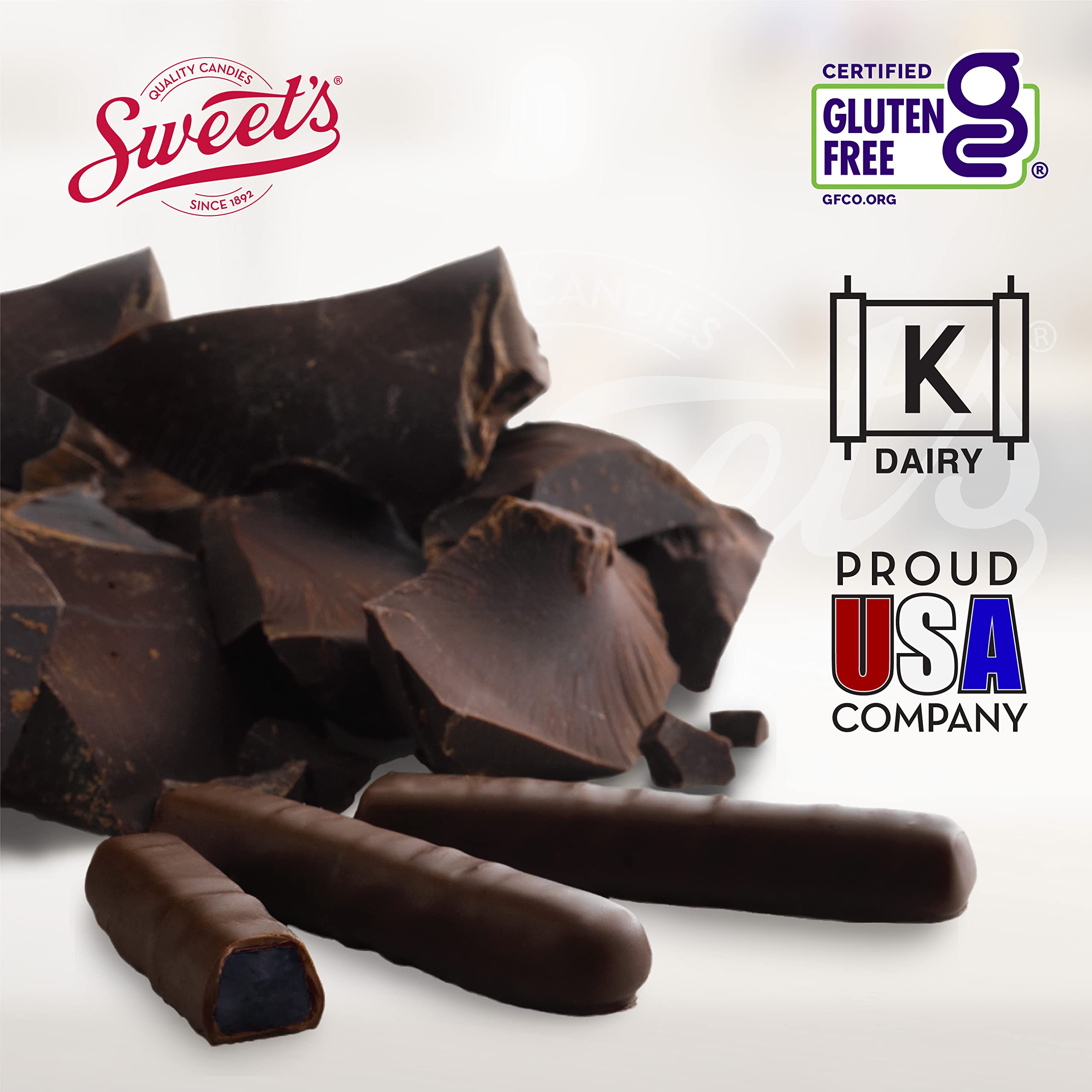 Sweet Candy Company dark chocolate blueberry sticks close-up, rich flavor and texture.