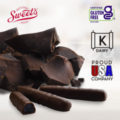 Sweet Candy Company dark chocolate blueberry sticks close-up, rich flavor and texture.