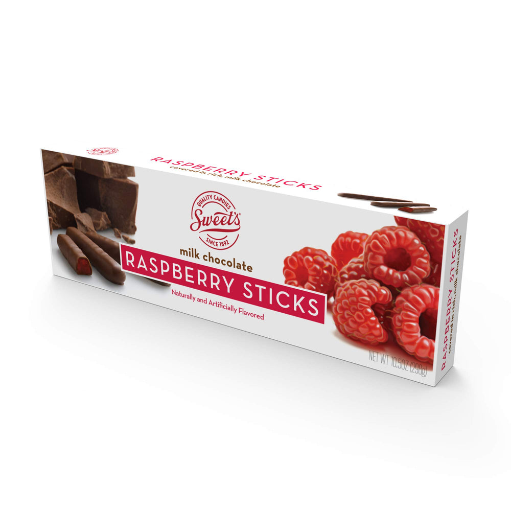 Sweet Candy Company milk chocolate raspberry sticks with raspberry centers; ideal for gifting.