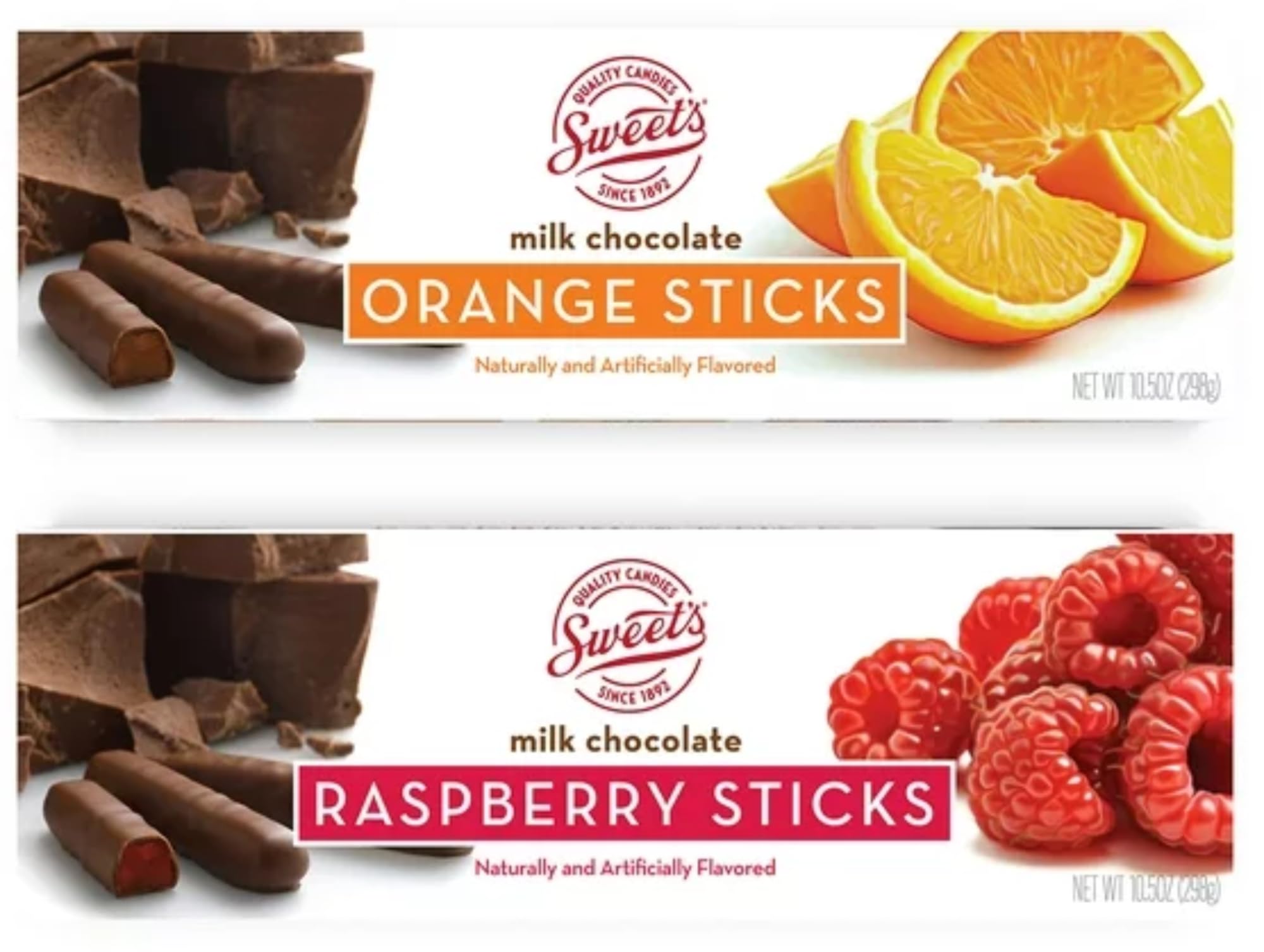 Sweet Candy Company orange-raspberry milk chocolate stick on display, delicious fruit flavor.