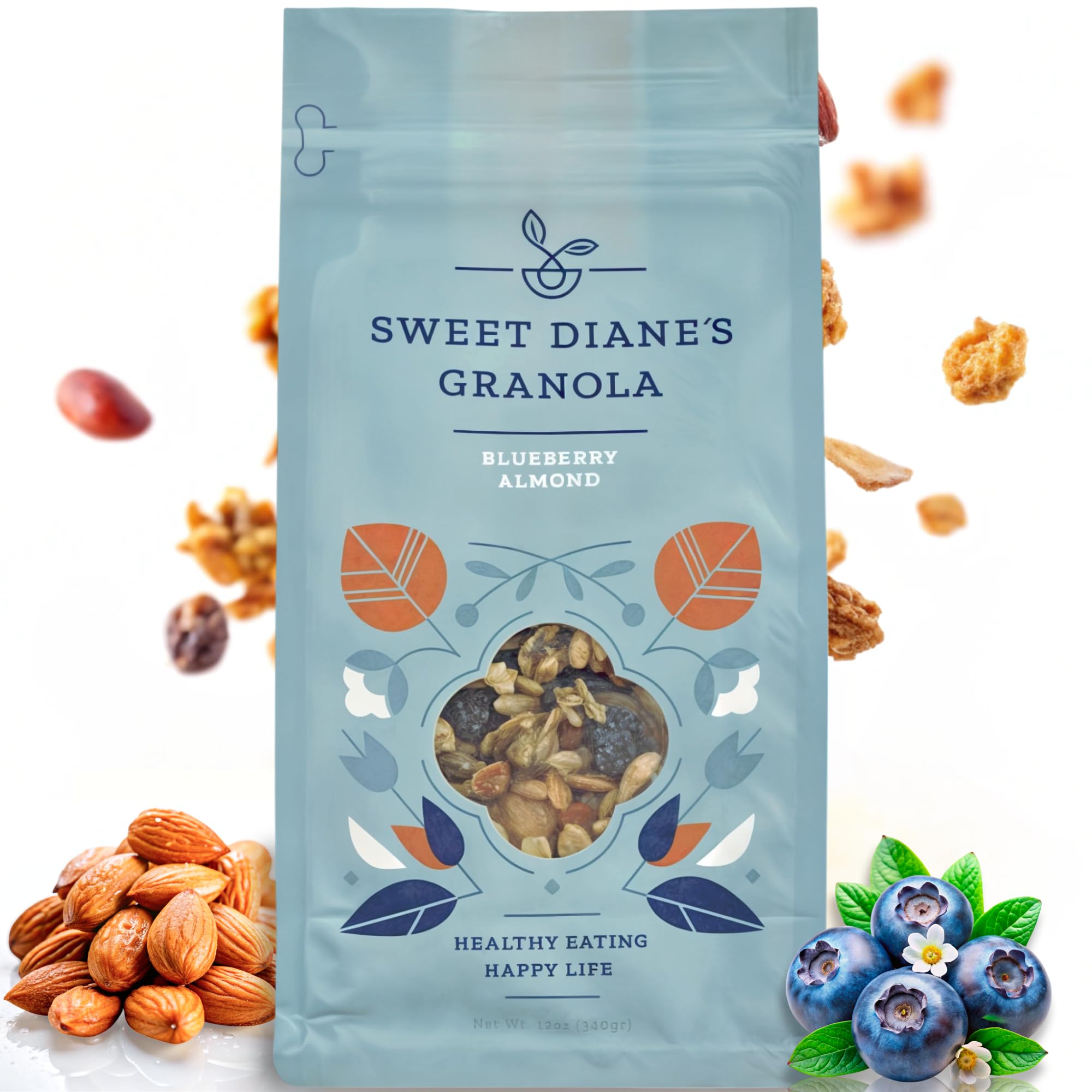 Sweet Diane's Blueberry Almond Granola bowl with blueberries for breakfast crunch.