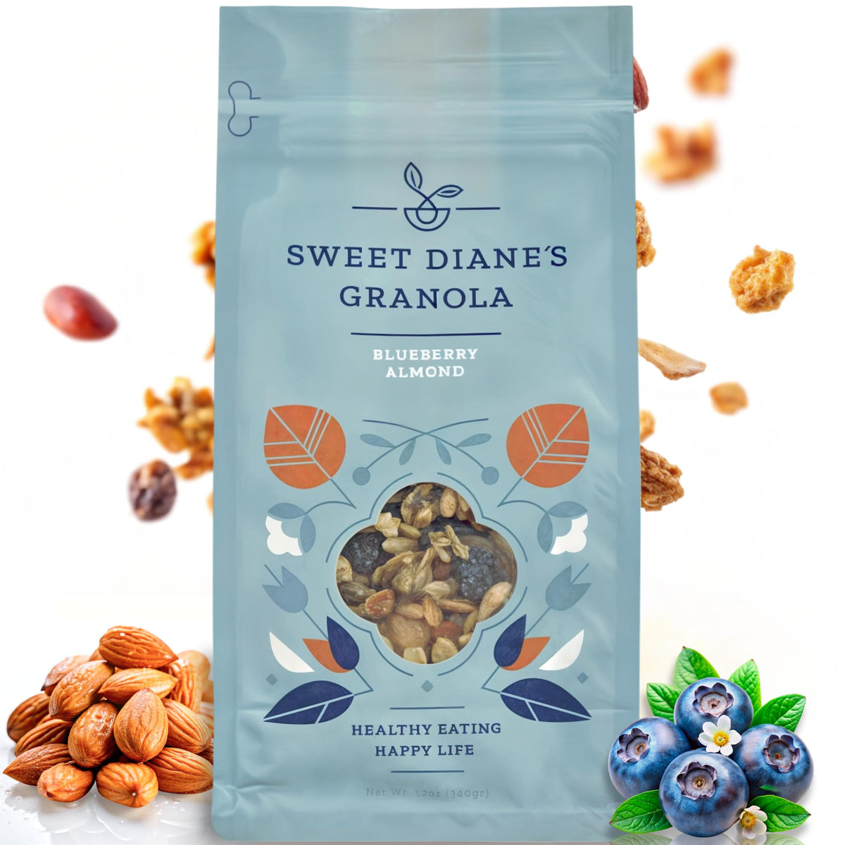 Sweet Diane's Blueberry Almond Granola bowl with blueberries for breakfast crunch.