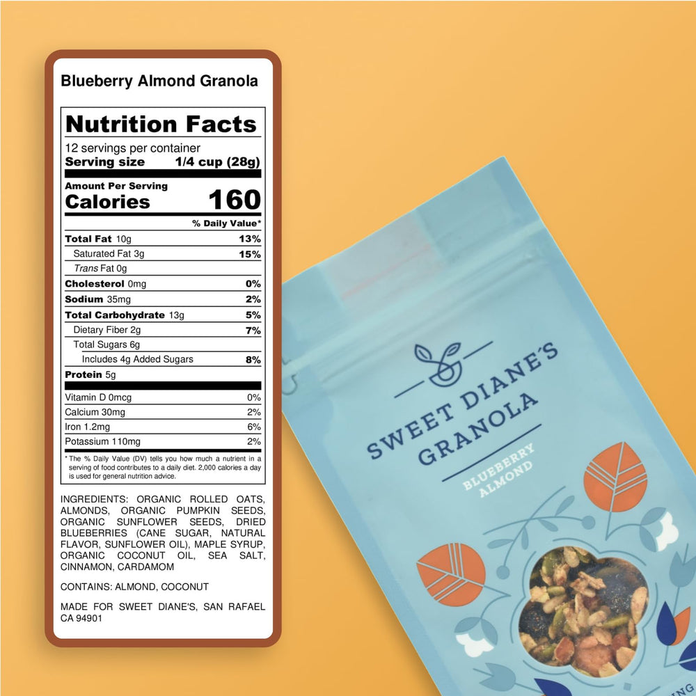Sweet Diane's Blueberry Almond Granola closeup showing crisp clusters and seed mix for a satisfying snack.