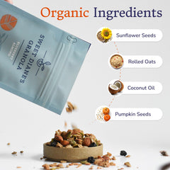 Sweet Diane's Blueberry Almond Granola ingredients spread, oats and seeds fuel your day.
