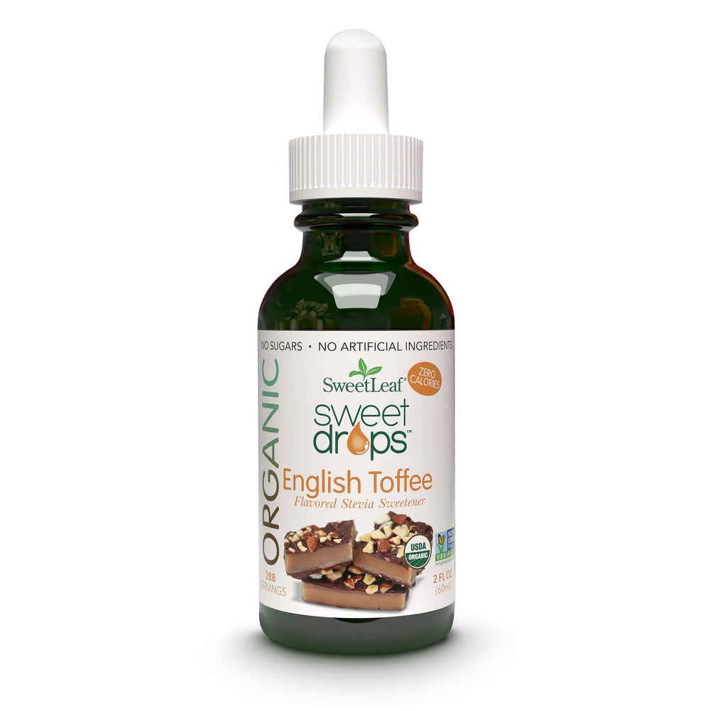 Sweet Drops English Toffee bottle showing zero-calorie sweetness for coffee.