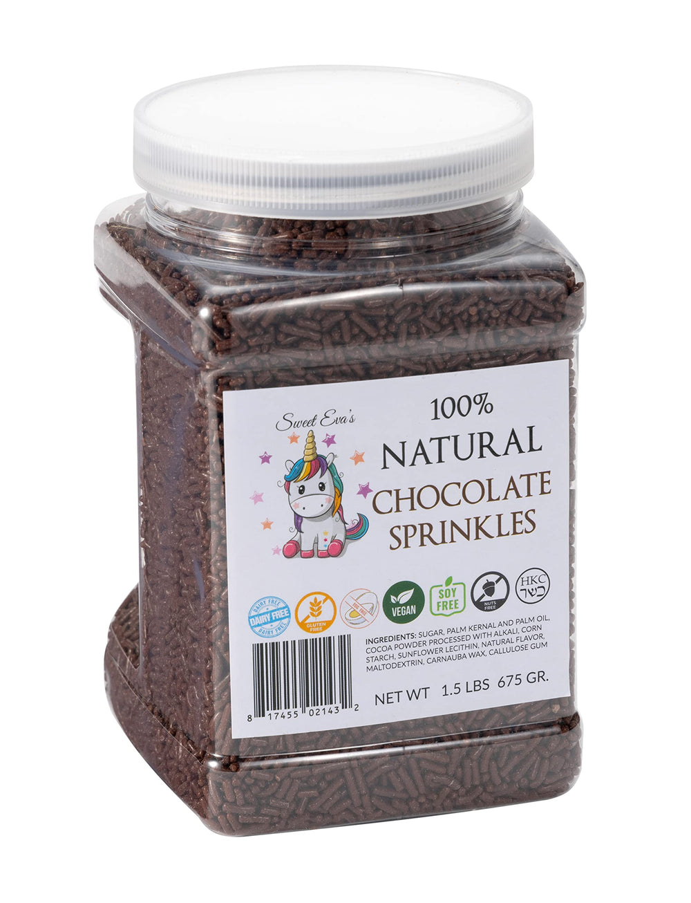 Sweet Eva’s chocolate sprinkles in a jar add vibrant texture to desserts.