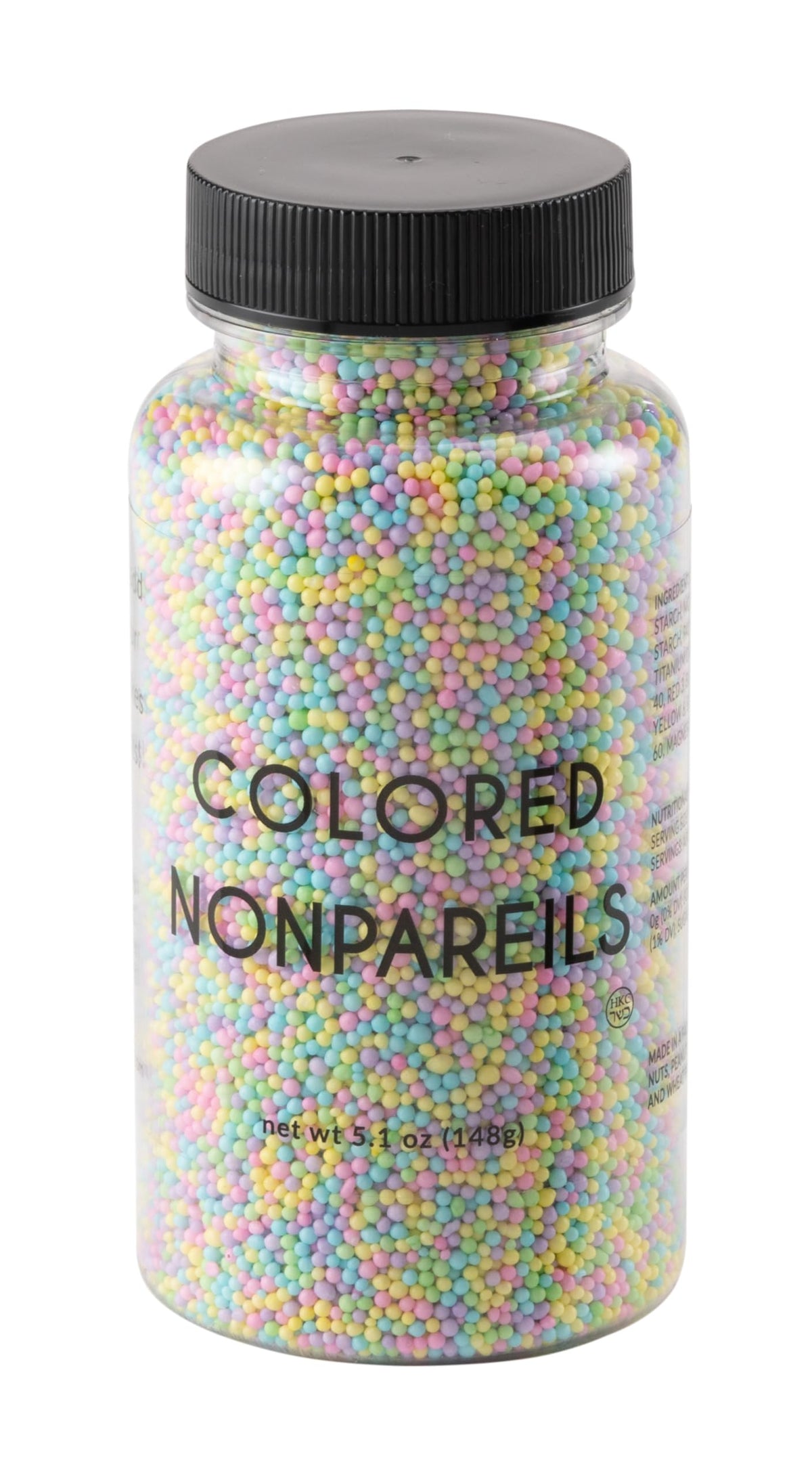 Sweet Eva's Fairy Lane colored nonpareils in a jar for vibrant cake decorating