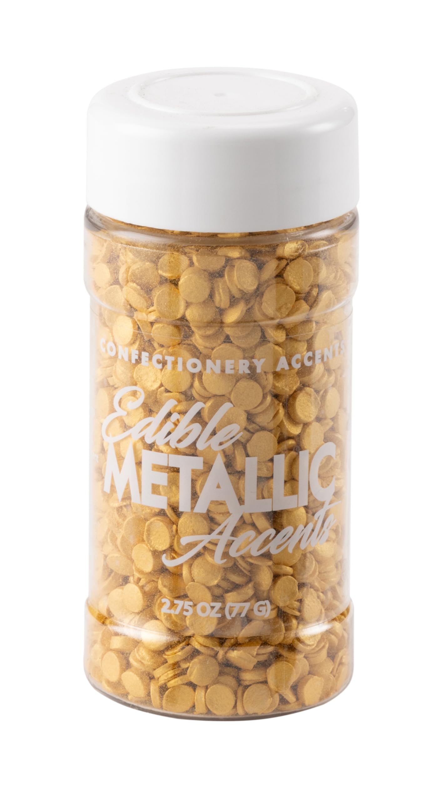 Sweet Eva’s Gold Quins sprinkles add vibrant shine to cupcakes as a finishing touch.