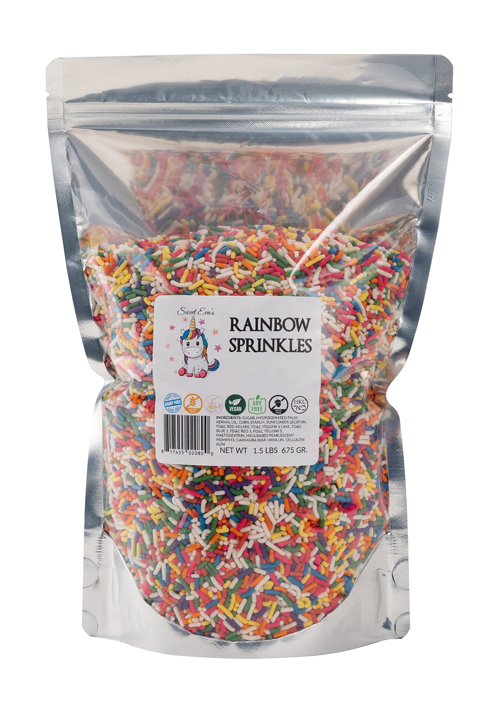 Sweet Eva’s Rainbow Sprinkles jar close-up highlighting vibrant jimmies for festive baking