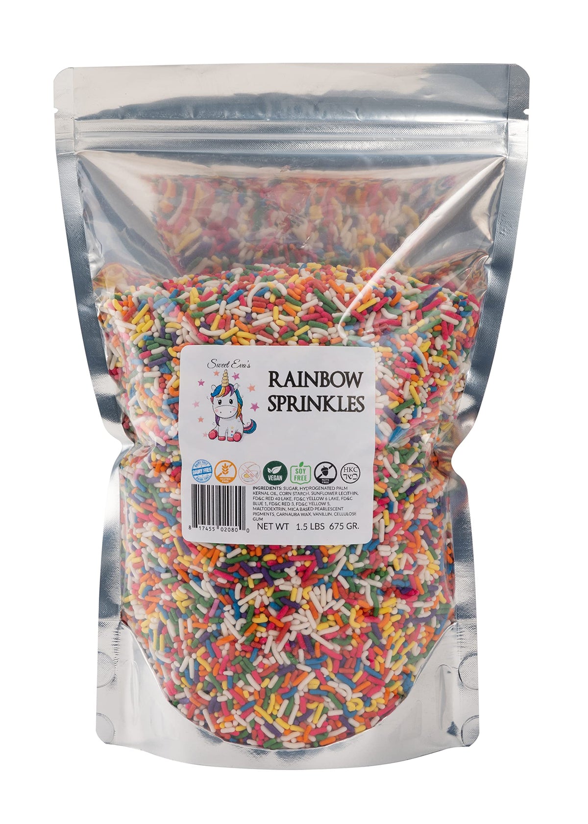Sweet Eva’s Rainbow Sprinkles jar close-up highlighting vibrant jimmies for festive baking