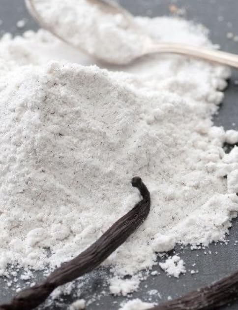 Sweet Eva’s vanilla powder jar showcases versatile flavor for desserts and hot drinks.