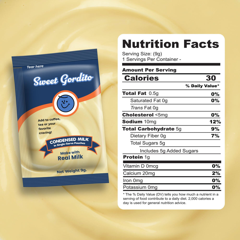 Opened Sweet Gordito sachet reveals a creamy 9g portion for coffee