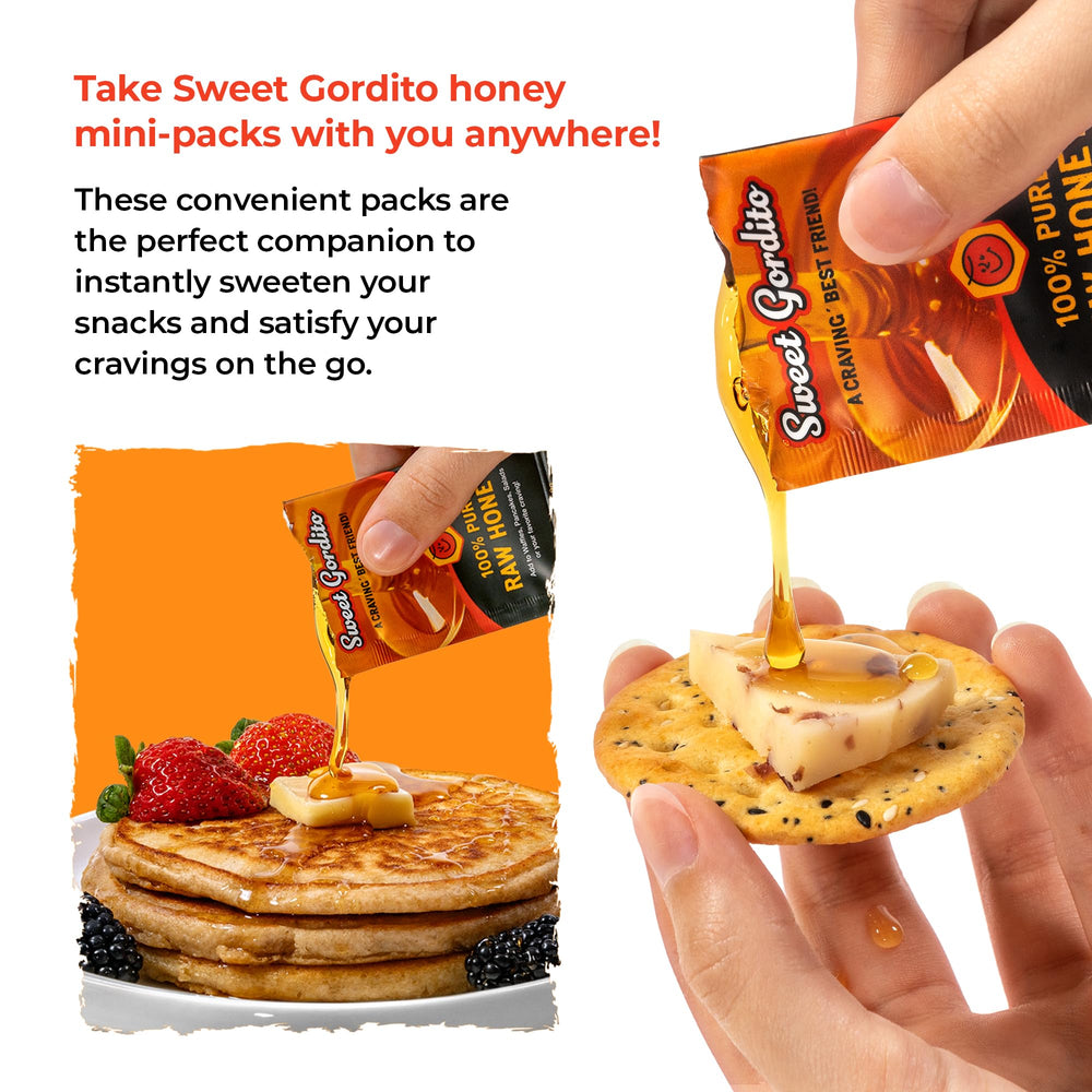 Sweet Gordito honey packet, pourable drizzle for breakfast oats.