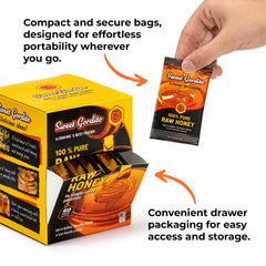 Sweet Gordito raw honey packet, non-refrigerated shelf-stable for travel.