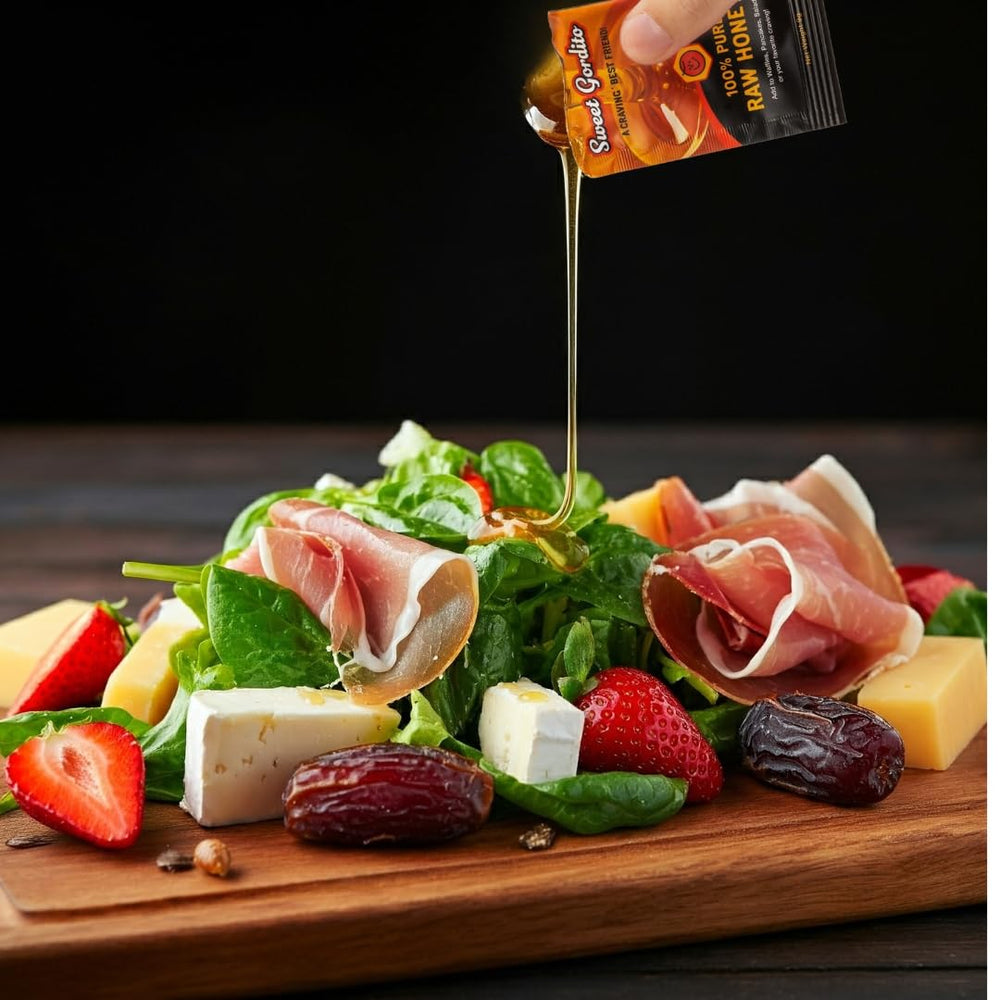 Sweet Gordito natural honey sachets, US-made sweetener for beverages.