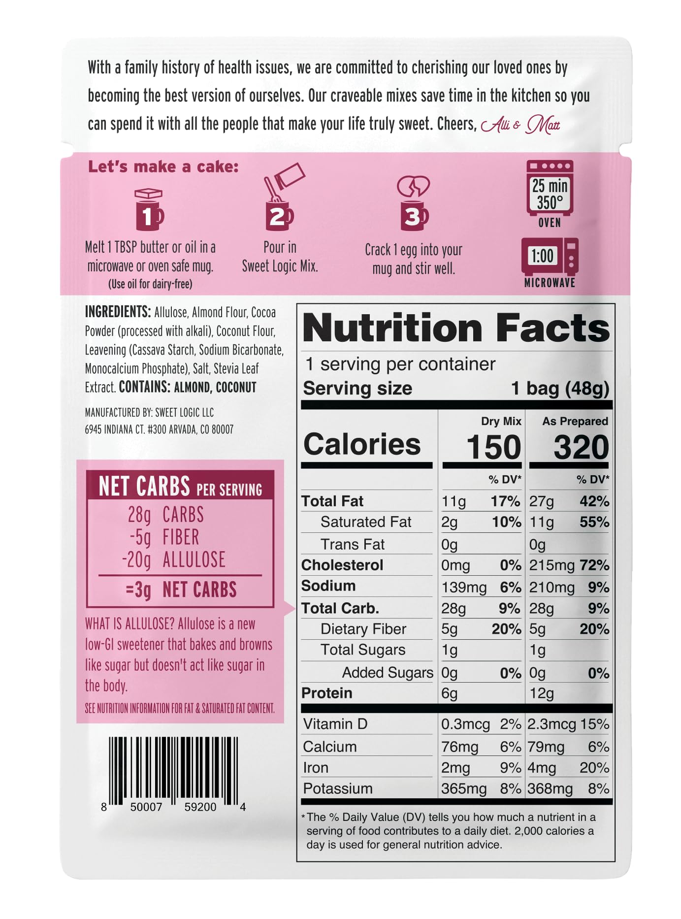 Sweet Logic gluten-free mug cake mix for a quick, safe gluten-free dessert.