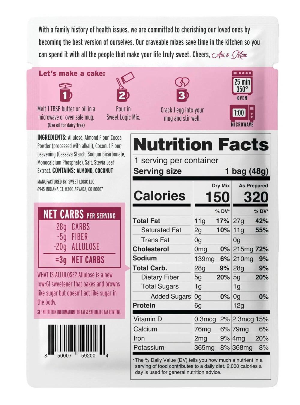 Sweet Logic gluten-free mug cake mix for a quick, safe gluten-free dessert.