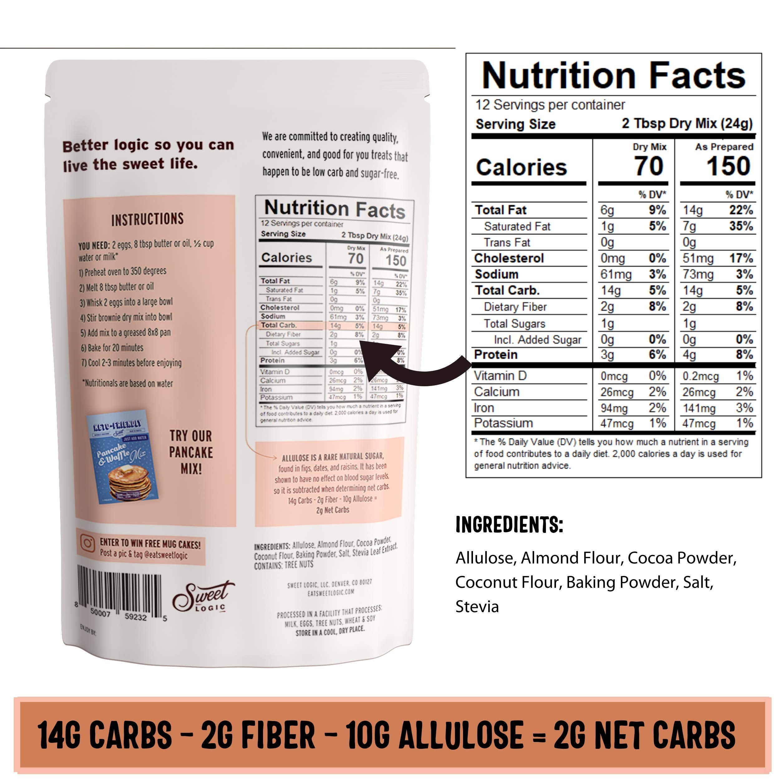 Sweet Logic Keto Fudge Brownie ingredients emphasize allulose and stevia for flavor.