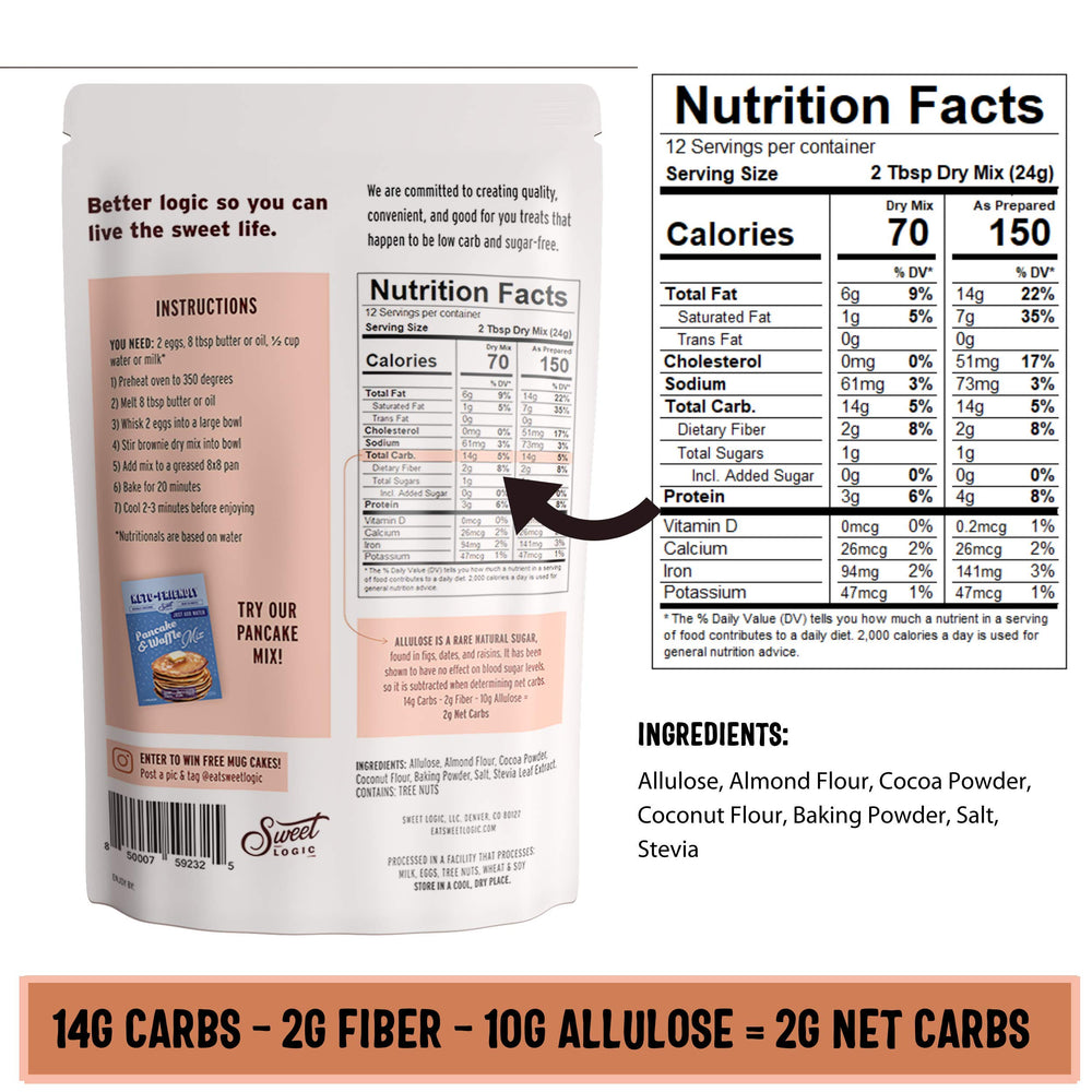 Sweet Logic Keto Fudge Brownie ingredients emphasize allulose and stevia for flavor.