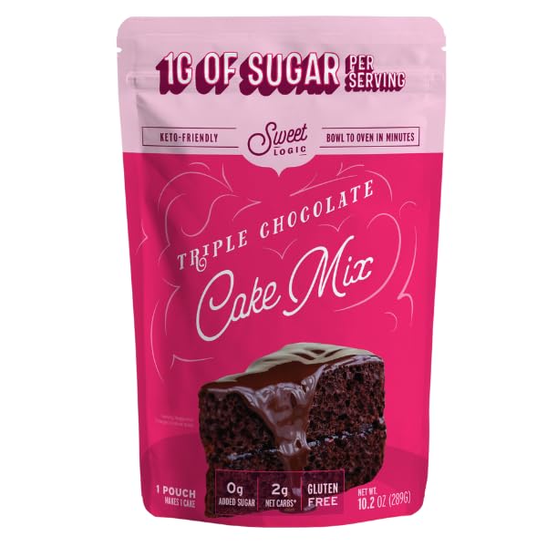 Sweet Logic Triple Chocolate Cake mix packaging on counter, ideal for quick keto baking.