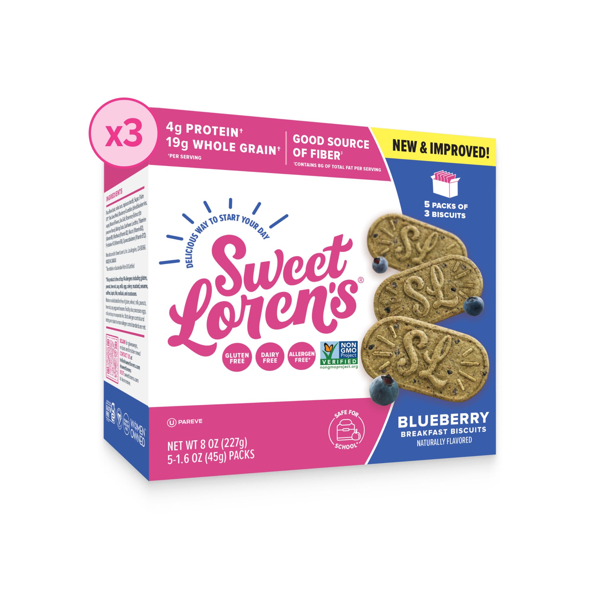 Sweet Loren's Blueberry Vegan Breakfast Biscuits packaging shows gluten-free, dairy-free snack option.