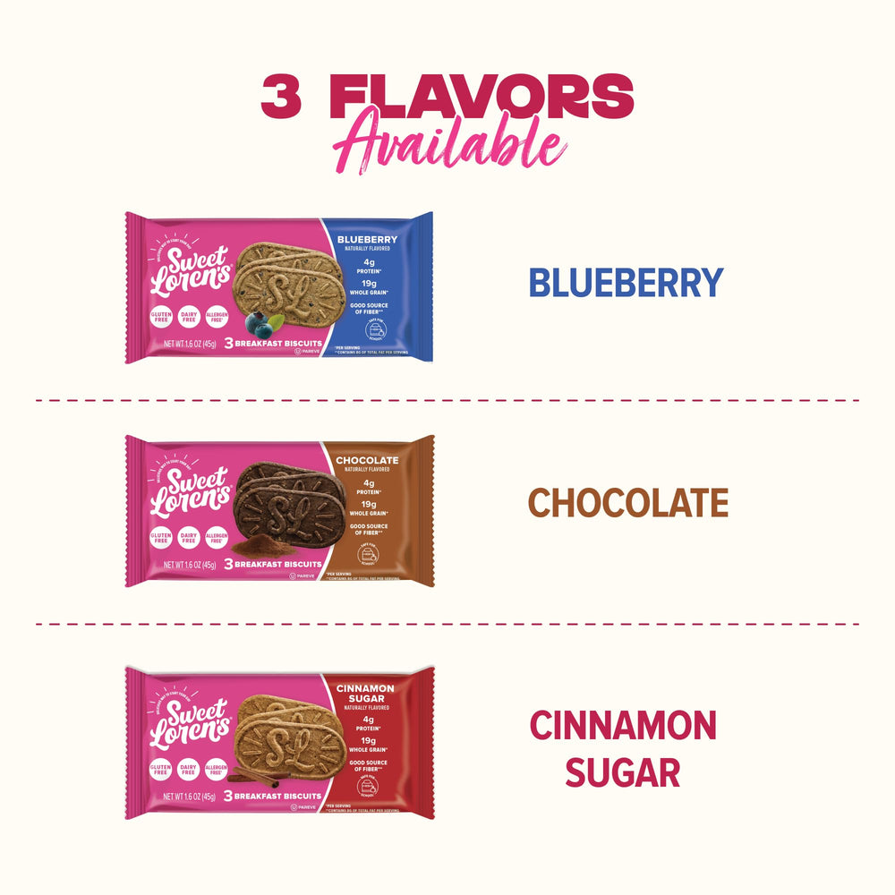 Packaging box for Sweet Loren’s Cinnamon Sugar biscuits showing allergen-free claims