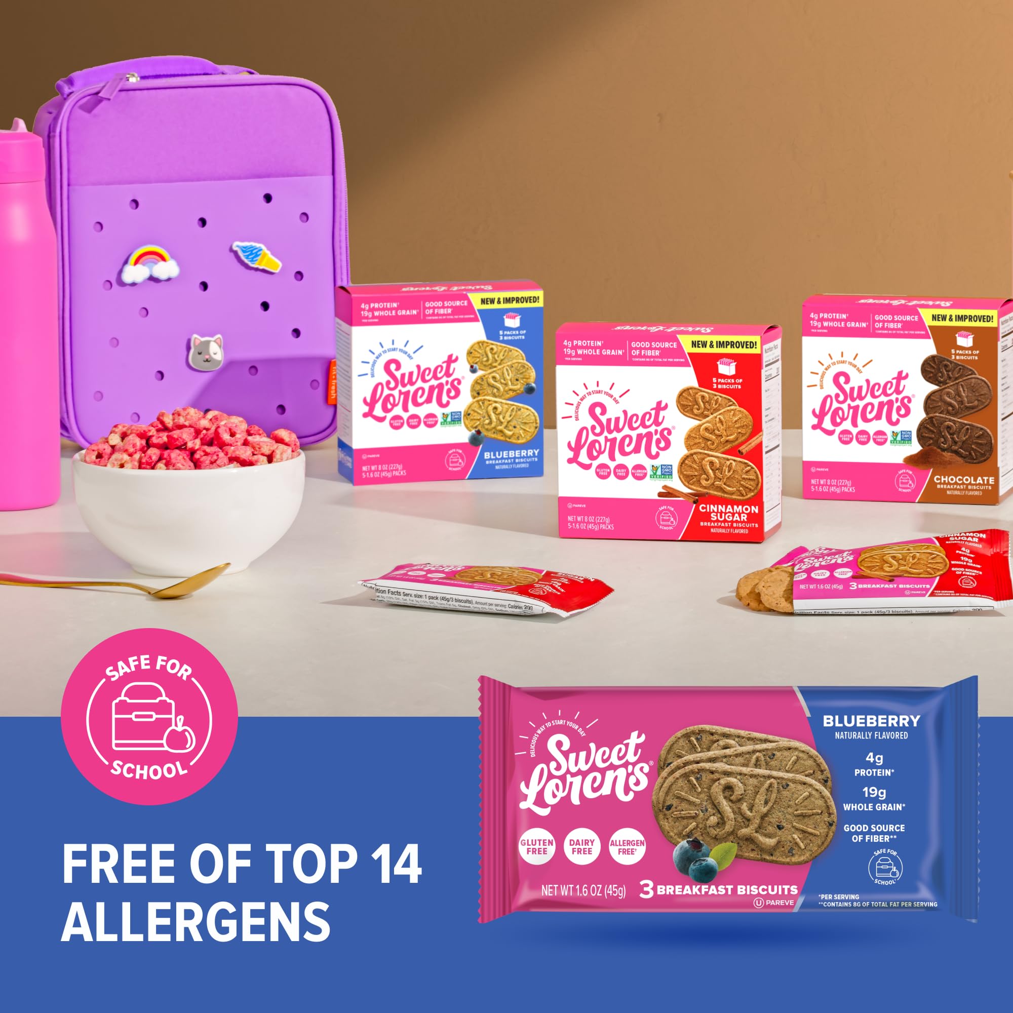 Sweet Loren's packaging close-up highlights 4g protein and 19g whole grains.
