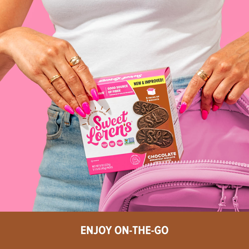 Sweet Loren's vegan chocolate biscuits gluten-free label visible for allergen-aware shoppers.
