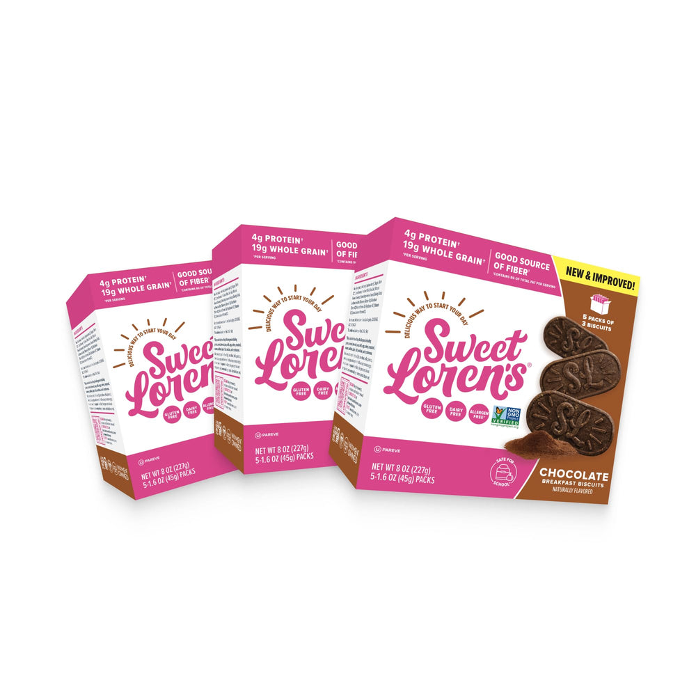 Sweet Loren's vegan chocolate biscuits nut-free packaging highlighting safe snack option.