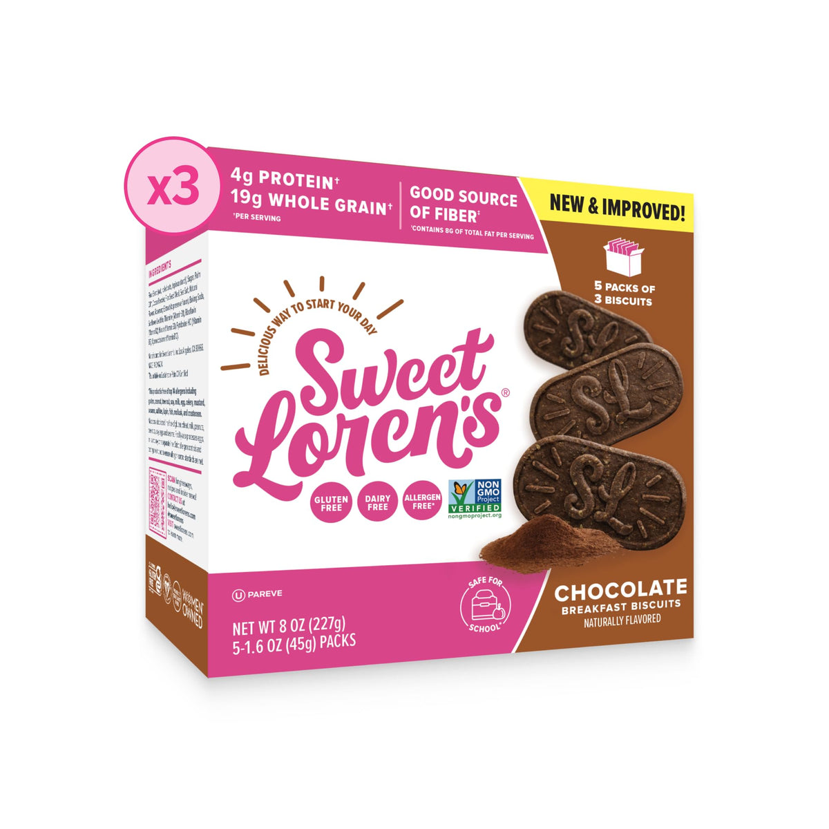 Sweet Loren's vegan chocolate biscuits pack shot highlighting convenient multi-pack for busy mornings.