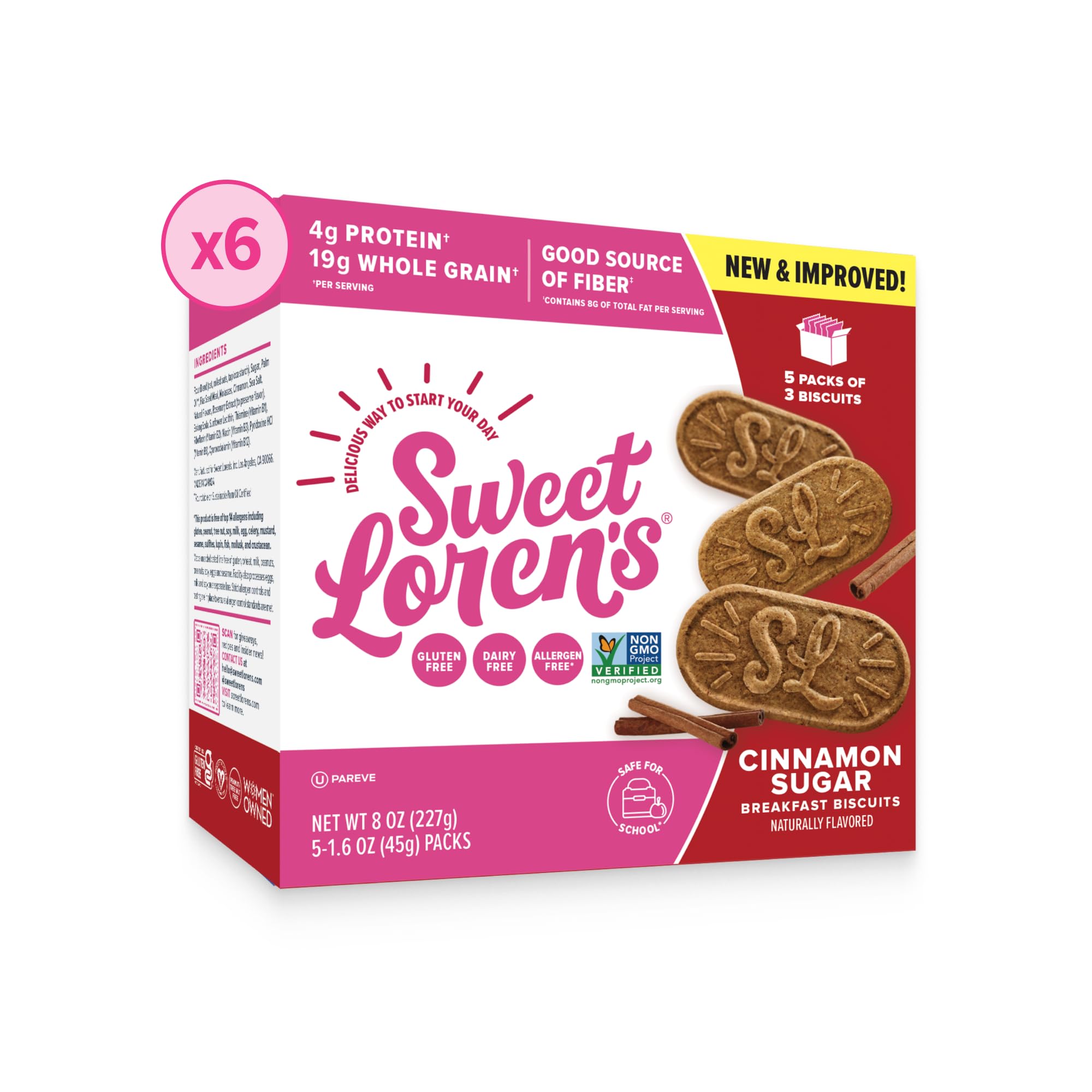 Sweet Loren's Cinnamon Sugar vegan breakfast biscuits pack on shelf, convenient for busy mornings