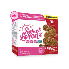 Sweet Loren's Cinnamon Sugar vegan breakfast biscuits pack on shelf, convenient for busy mornings