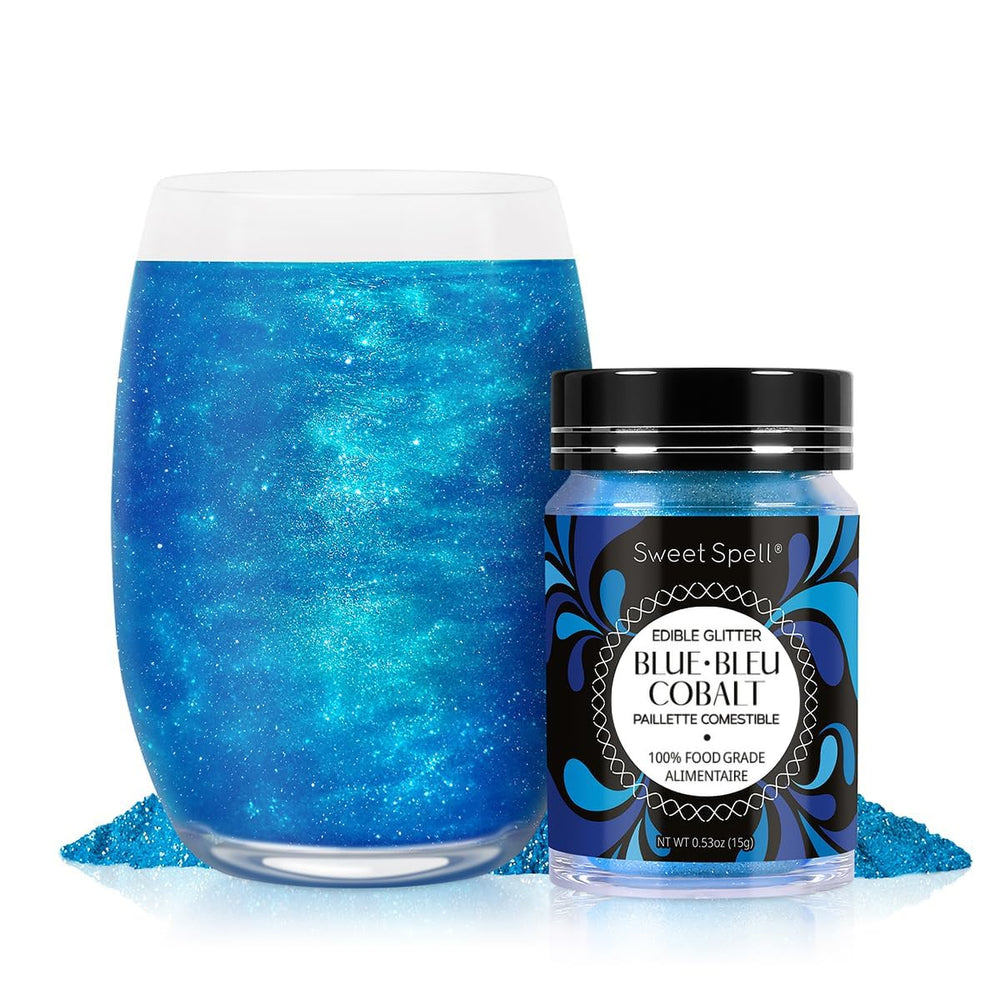 Sweet Spell blue edible glitter bottle front showcases vibrant drinks.