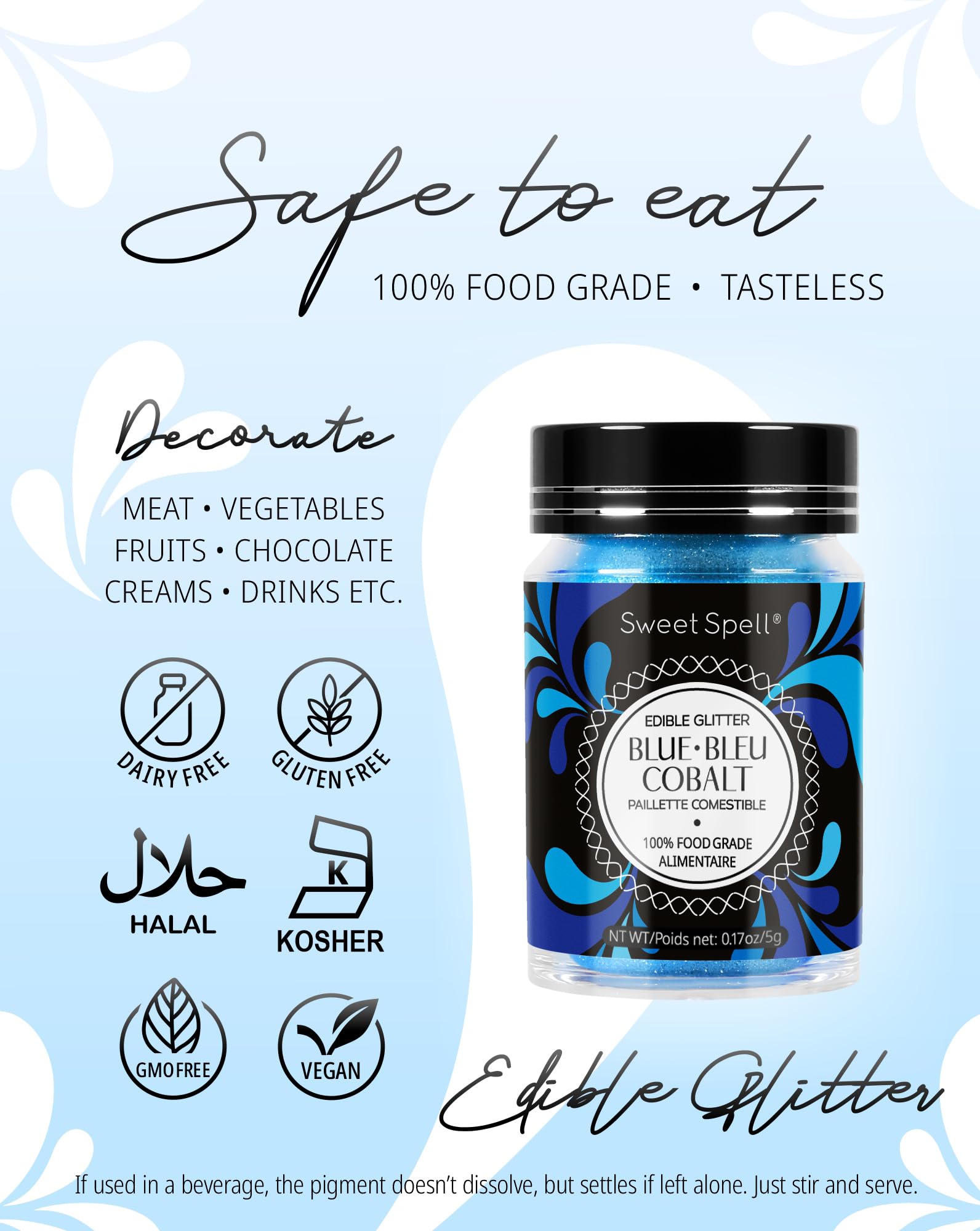 Sweet Spell blue edible glitter on cupcakes enhances color and shine.