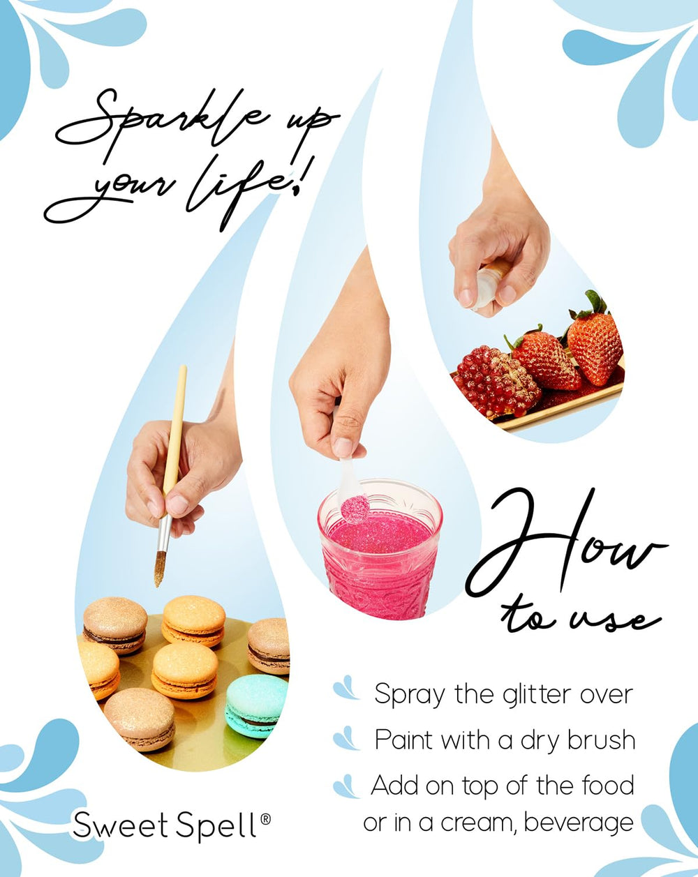 Sweet Spell blue edible glitter drizzle elevates cocktails and desserts.