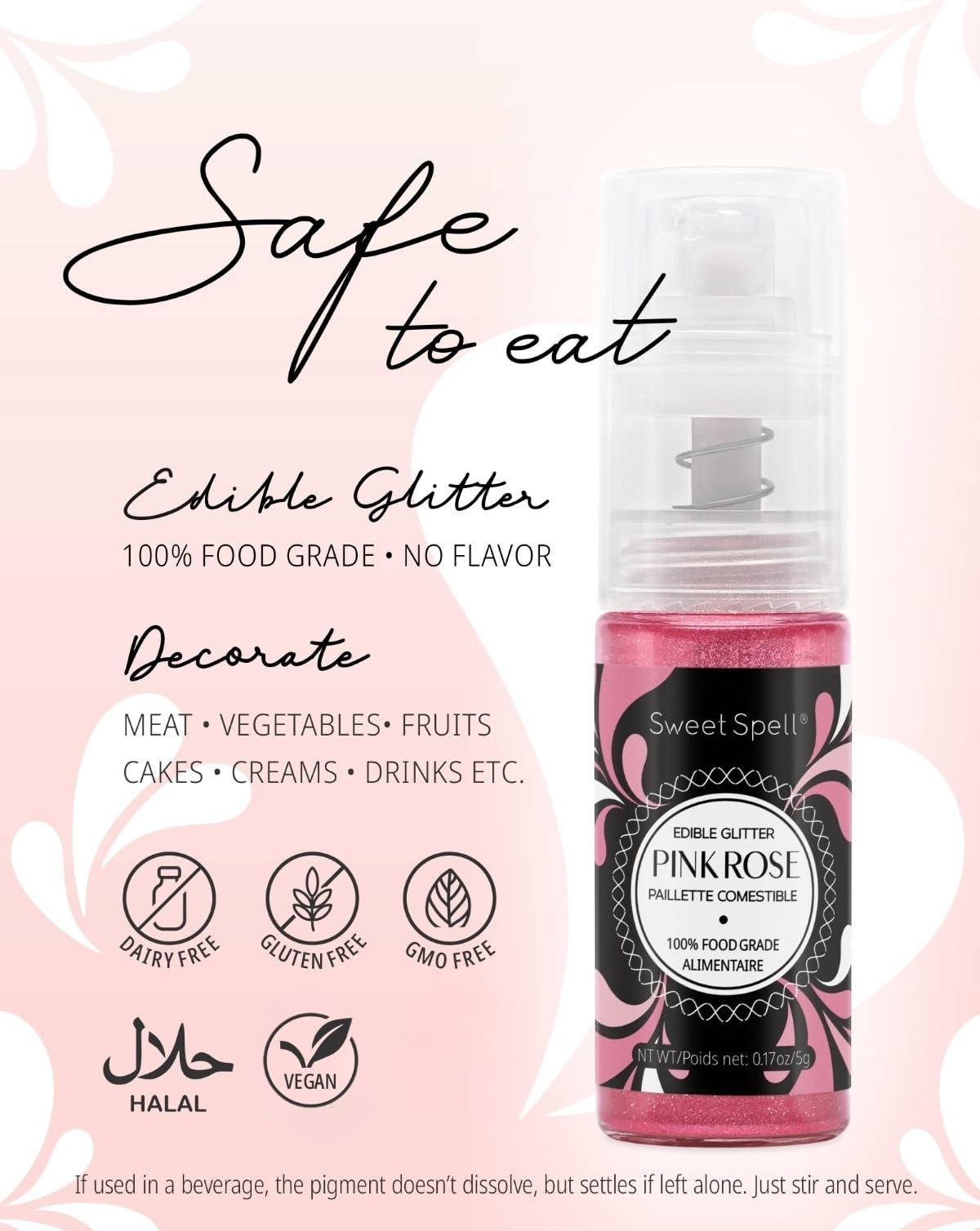 Sweet Spell pink glitter spray applied to a cocktail for festive sparkle