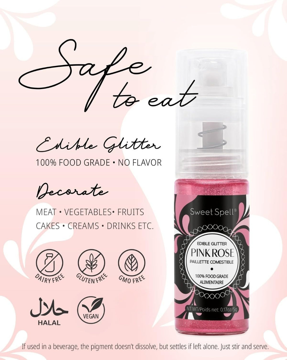 Sweet Spell pink glitter spray applied to a cocktail for festive sparkle