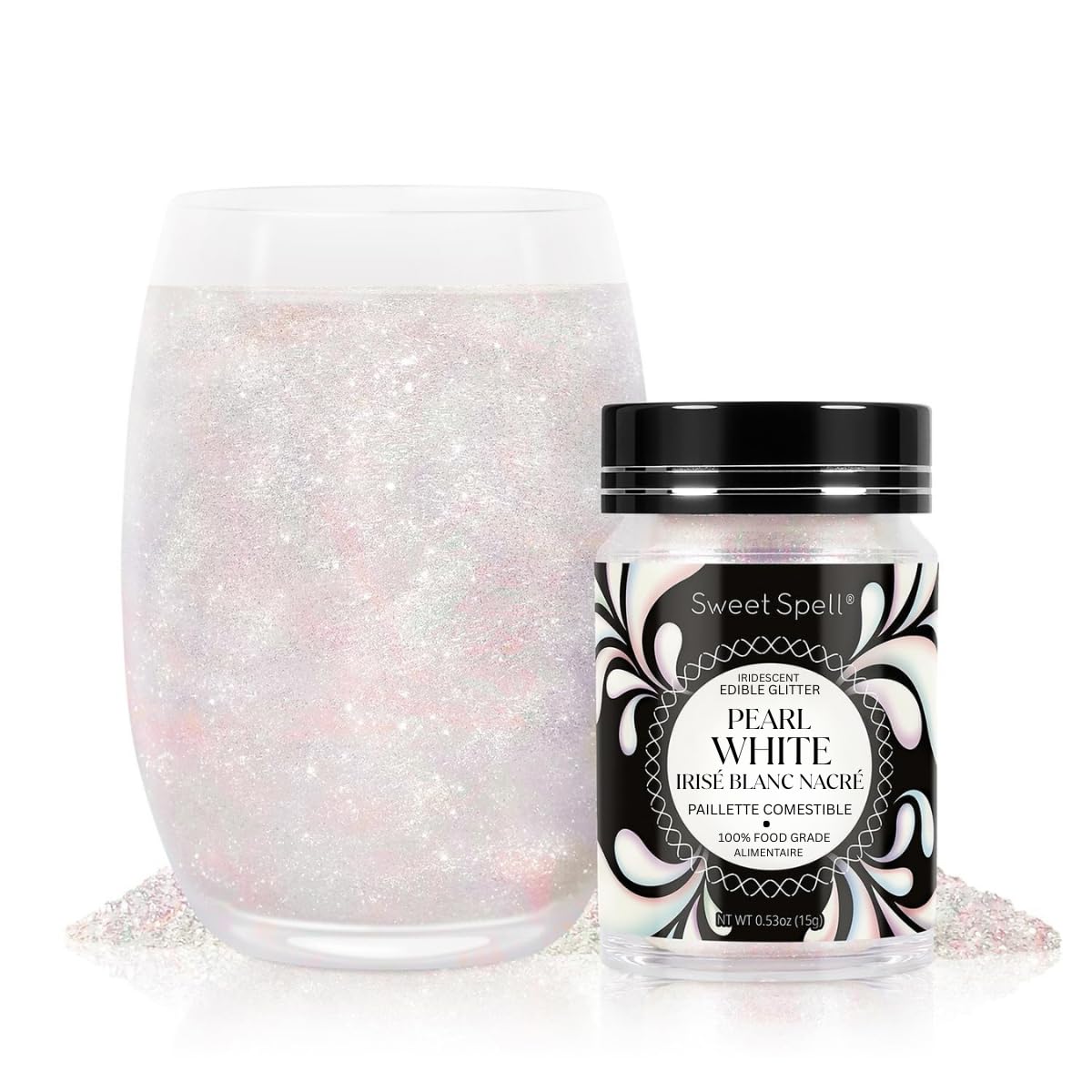 Sweet Spell edible glitter 15g bottle adds dazzling color to drinks and desserts.