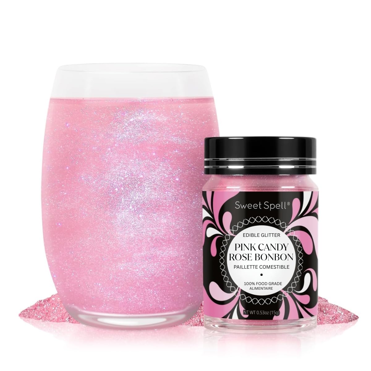 Sweet Spell pink candy glitter bottle adds edible drink shimmer.
