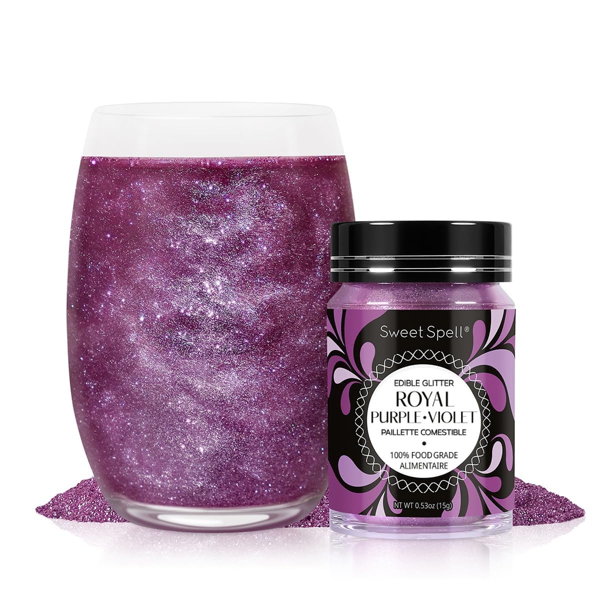 Sweet Spell edible glitter purple bottle adds shimmering color to festive drinks