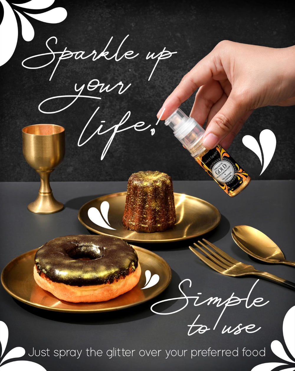 Sweet Spell edible glitter spray on cake creates a shimmering professional finish